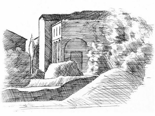 Giorgio Morandi, Small House with Portico and Cypress, 1924. Etching, 201 x 235 mm. Courtesy Galleria d’Arte Maggiore G.A.M., Bologna (Italy)  