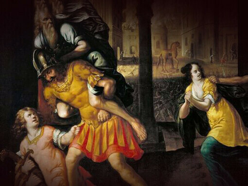 Enea e la sua famiglia lasciano Troia