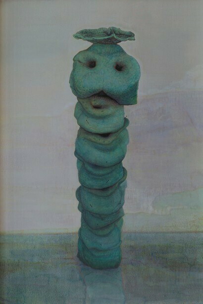 Oscar Giaconia, U.P.D. Calabiyau, 2019, acrylic, oxides, pork gelatin, protein binders, pastel, copper green on cellulosic fiber with plasticized gelatin in nylon case, 97 x 67.5 cm, ph. Roberto Ferro. Courtesy the artist and Monitor Rome, Lisbon, Pereto