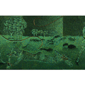 Jan Fabre, The Belgian Blacks Know the Clack of the Whip, 2013, Elytres de coléoptères sur bois / beetle elytra on wooden panel, 227,5 x 519 cm, 89 5/8 x 204 in. unique, Courtesy Galerie Daniel Templon, Paris. © Angelos bvba