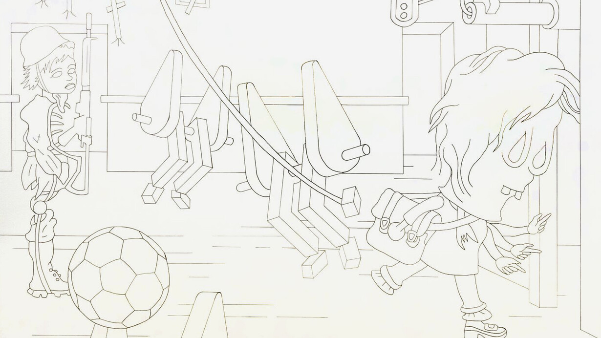 Lux Lindner, FAL del conscripto Juan Laguna vigila patio de juegos donde el Niño Mierda busca la Sala de Mapas, 2026. Courtesy of Nora Fisch Gallery