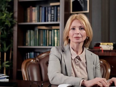 A female lawyer in a suit works at the table