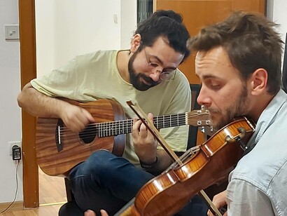 Mitch Ado (left) and Dan Hodd performing together in the studio