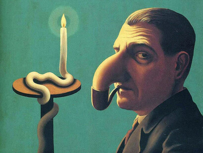 "The Philosopher’s Lamp" (1936), a mocking self-portrait by surrealist René Magritte, supposedly the subject's grotesquely large nose depicts him, the philosopher, as a liar, similar to Pinocchio