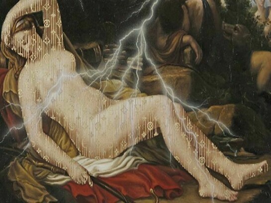 ZEVS, Illuminated Etienne Barthelemy Garnier, Diana and her Nymphs, 2013, oil and gold leaf on canvas