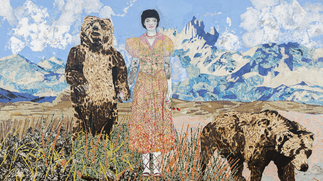 Maria Berrio. East of the Sun, West of the Moon (2016), collage w/ Japanese paper on canvas, 72” x 110”