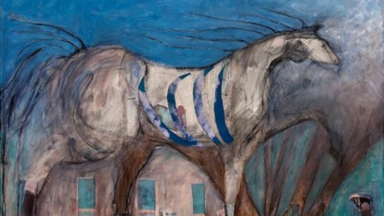 Karen Gibbons, Sue In Memory of You, acrylic and collage on canvas, 52"" x 68"