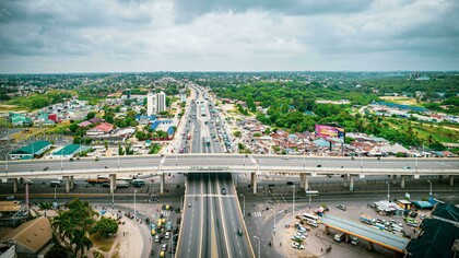 Aerial view of Dar es Salaam, highway and cityscape. Tanzania