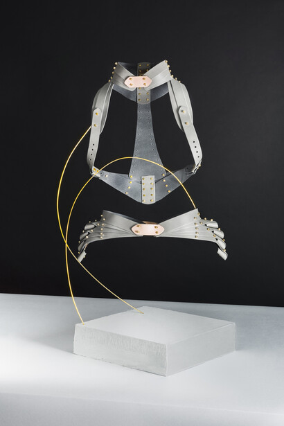 Úna Burke, Upper Body and Lower Body Piece, 2015, vegetable tanned leather with brass fittings and screws, photo credit Madame Peripetie