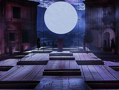 Immagine Midjourney rielaborata usando i fondali teatrali del 600 con le sue architetture effimere, nel teatro continuo di Burri a Milano e nei teatri classici di Siracusa, Pompei e nel teatro Andromeda