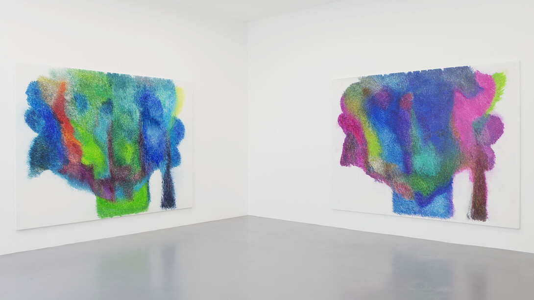 View of the exhibition Peter Zimmermann “sur le motif”, Galerie Perrotin, Paris, June 12 - July 26, 2014. From left to right: "etretat (one)" 2014, Oil on canvas, 230 x 310 cm / 90 1/2 x 122 1/16 inches & "etretat (two)" 2014, Oil on canvas, 230 x 310 cm / 90 1/2 x 122 1/16 inches, Photo : Claire Dorn, Courtesy Galerie Perrotin