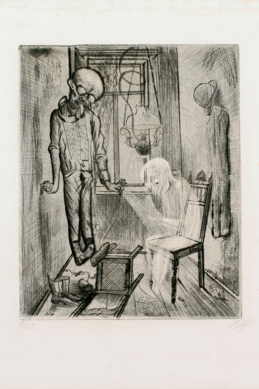 Otto Dix, Der Selbstmörder (Erhängter) ["The Suicide. Hanged"] from the portfolio Tod und Auferstehung ["Death and Resurrection"], 1922, Etching, 13 3/4 x 11 inches (34.9 x 27.9 cm) - plate, 19 1/2 x 17 inches (49.5 x 43.2 cm) - sheet, Edition 9 of 50, Signed, dated & editioned on recto. Ubu Gallery, New York