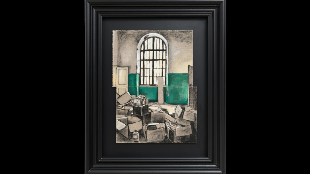 Monica Lundy, Study of Emerald Wall (Santa Maria della Pietà, Rome), 2023, gouache and charcoal on linen in wooden frame, 43.5x34.875x3.375 inches. Courtesy of the artist and Nancy Toomey Gallery
