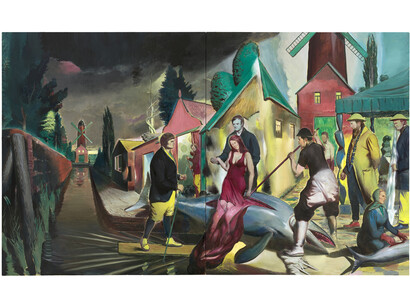 Neo Rauch, Der Blaue Fisch, 2014, Oil on canvas, Diptych, Overall, canvas: 118 3/8 x 197 5/8 inches (300.7 x 501.9 cm). Left panel: 118 3/8 x 98 3/4 inches (300.7 x 250.7 cm). Right panel: 118 3/8 x 98 5/8 inches (300.7 x 250.5 cm)