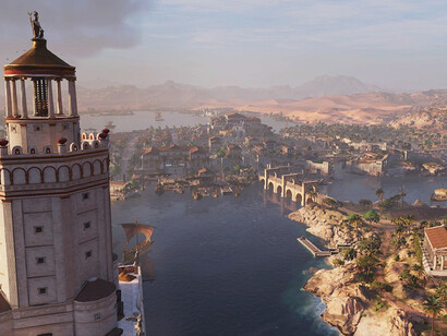 Le phare d'Alexandrie, Égypte. La ville d’Alexandrie fait l’interface entre l’intérieur du pays qui produit énormément de blé, plaque tournante du commerce, et la Méditerranée orientale avec la côte phénicienne très active et le reste de l’empire © Assassins's Creed Original