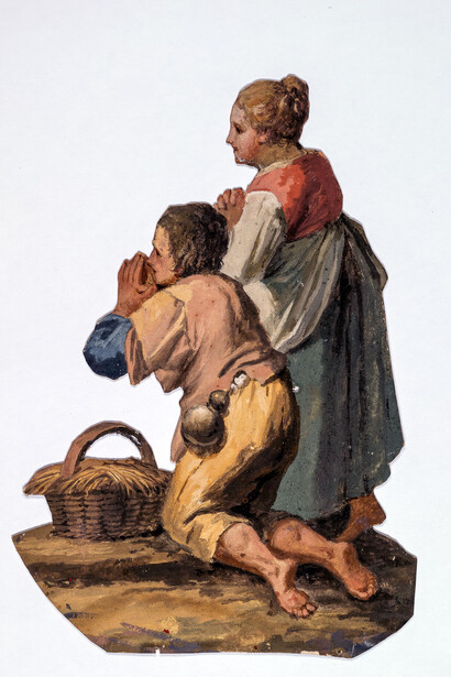 Francesco Londonio, Presepe, Due giovani contadini in adorazione, tempera su cartoncino. cm 32,3 x 22,6 – piede 13,6