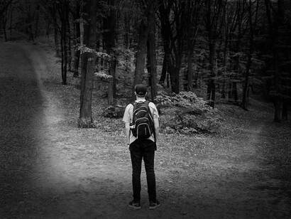 A man in the forest with two paths he can take, with the world what he makes of it