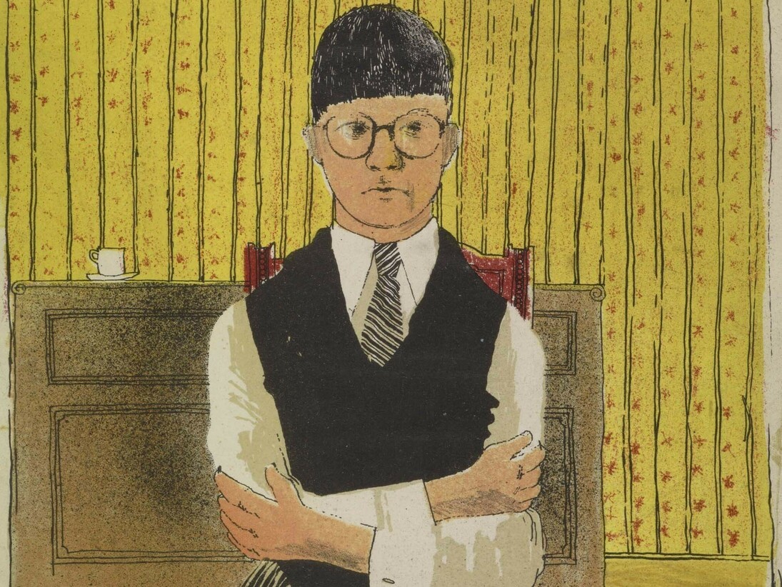 David Hockney, “Self Portrait”, 1954, Lithograph in five colours, 11 12 x 10 14”, Edition of 5 (approximately), © David Hockney