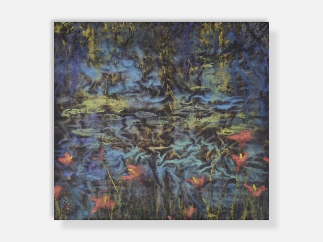 Blue Pond with Orange Iris, Wang Tingxin, 2016. Courtesy of Halcyon Gallery