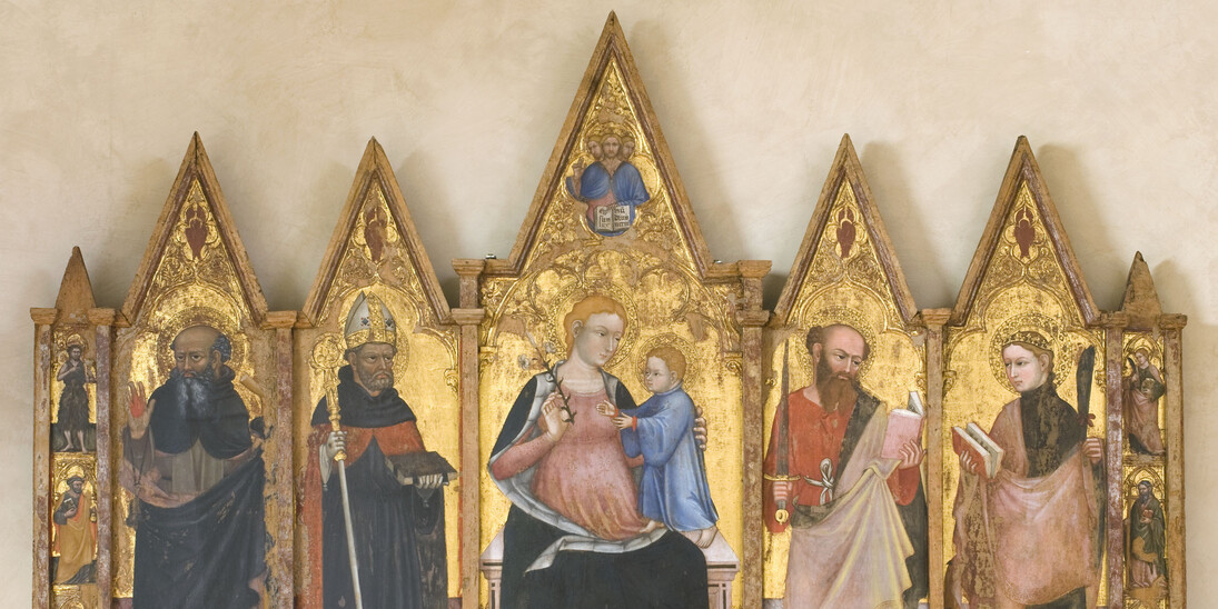 Ottaviano Nelli, Madonna con Bambino, Trinita', santi, Cherubini. 1403. Tempera su tavola