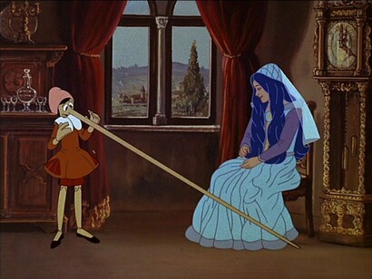 Pinocchio mente alla fata, scena dello storico cartone "Un burattino di nome Pinocchio" di Giuliano Cenci, 1972