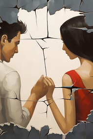 A couple with a broken heart painted behind them, portraying relationship challenges and emotional complexity, generated by AI