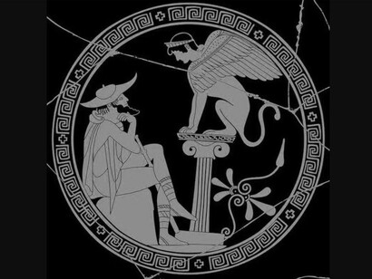 Edipo y la esfinge (480 a.C.), vaso griego antiguo