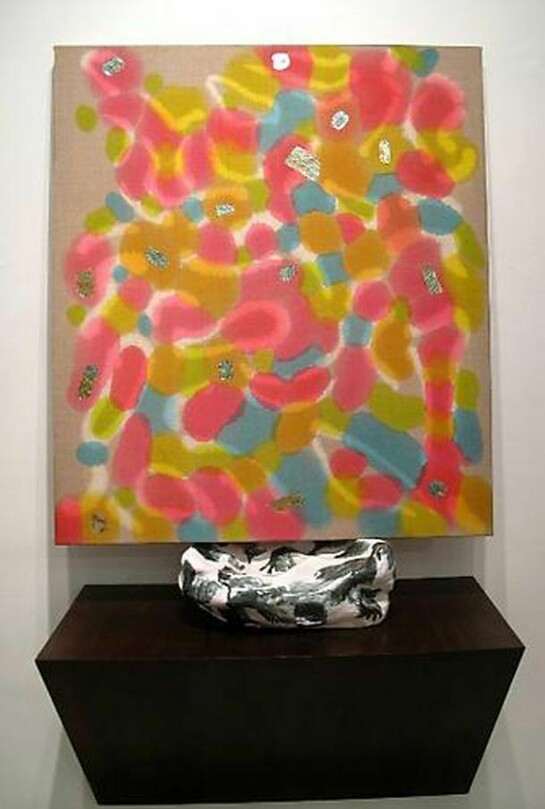 Saira McLaren, Inclining, Balancing on One Hand, 2013, acrylic dye on raw linen, glazed ceramic, 40 x 46 inches