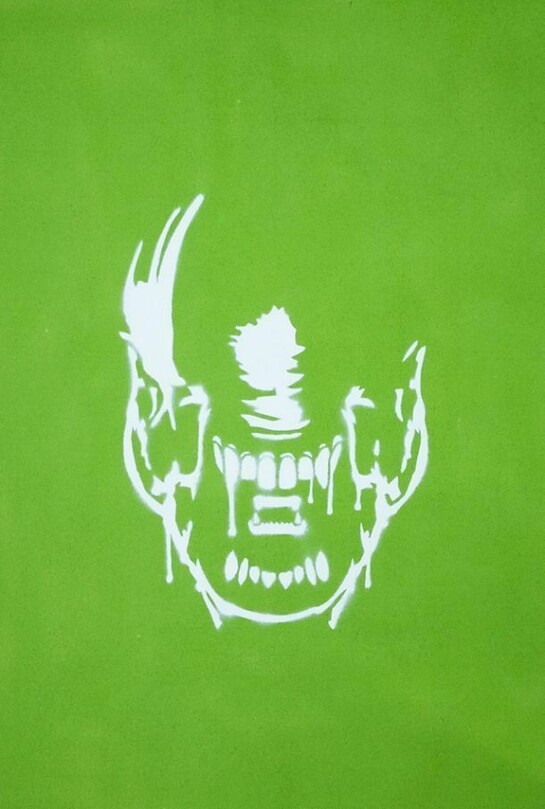 LOF, The Green Passenger, Spray paint stencil on canvas, Unique, Signed, 22.9 x 26.7 inches, 2013