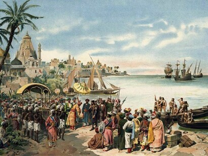 Alfredo Roque Gameiro, A chegada de Vasco da Gama a Calecute, ca. 1900, Lisboa, José Bastos [Litografia da Companhia Nacional Editora], litografia, 28,5 x 43,2 cm, Biblioteca Nacional de Portugal, Lisboa
