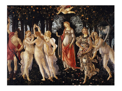 La Primavera, dipinto a tempera grassa su tavola (207 x 319 cm) di Sandro Botticelli, (1480 ca.), Galleria degli Uffizi, Firenze, Italia. L'Accademia neoplatonica sottolineava l'importanza di unire la filosofia con l'arte e la spiritualità