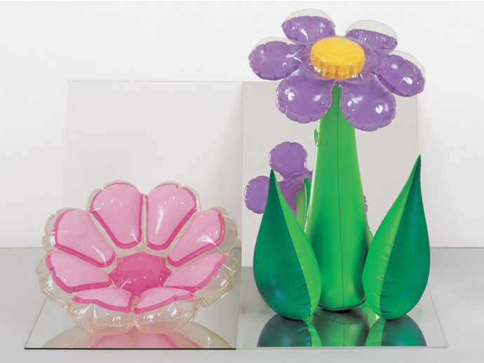 Jeff Koons, Inflatable Flowers (Short Pink, Tall Purple), 1979. Vinyl, mirrors, and acrylic; 16 × 25 × 18 in. (40.6 × 63.5 × 45.7 cm). Collection of Norman and Norah Stone. © Jeff Koons
