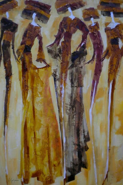 Henri Gueguen, Autumn Fashion Show, Lacquer Paint on Canvas, 36.5" x 24"
