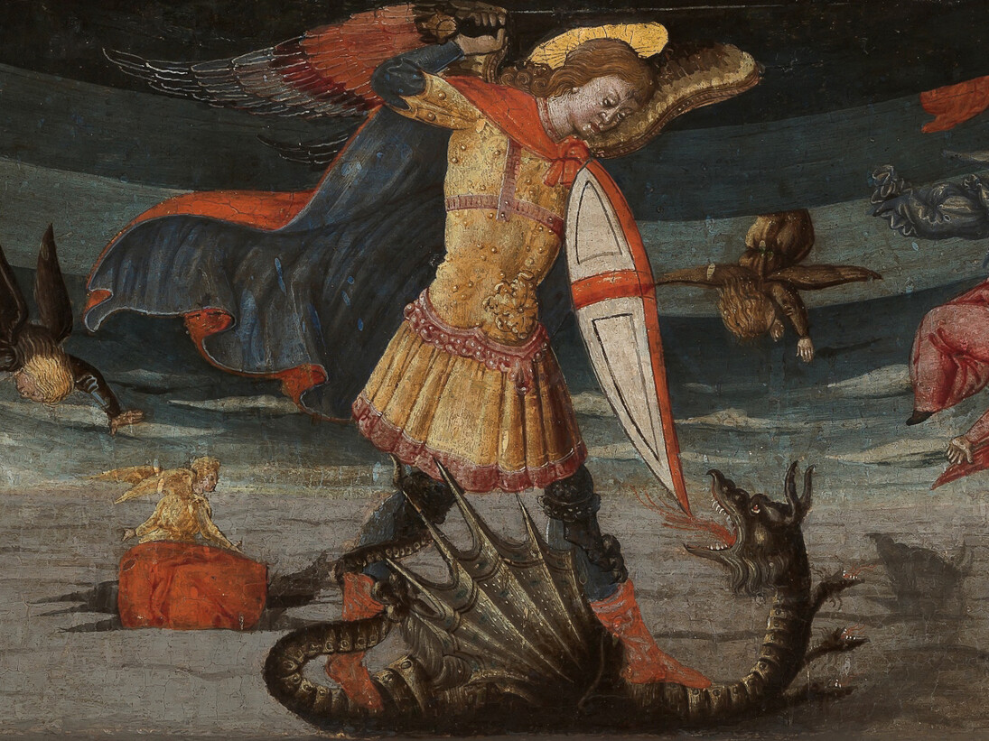 Neri di Bicci (1419-1491), The fall of the rebel angels with St Michael fighting the dragon, detail, (c.1480), Tempera on panel, 21.3 x 62.2 cm, Museum Boijmans Van Beuningen   