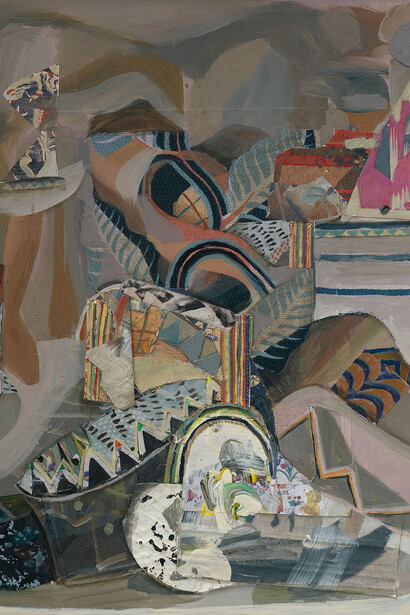 Katy Moran, the main event, 2012, acrylic and collage on board, 51.2 x 41.4 cm / 20 1/8 x 16 1/4 in, Collection of Jenny Mullen