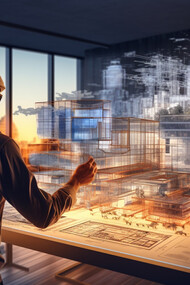 An architect using VR glasses and advanced 3D technology to design a project