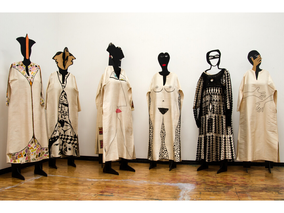 Huguette Caland, from L-R: The First, Foule, Tête-a-tête, Miroir, The Last, Tendresse, 1971 - 1975, 73 x 19 x 12 inches each, 185.5 x 48 x 30.5 cm each. Courtesy of the artist and Lombard Freid Gallery, NY