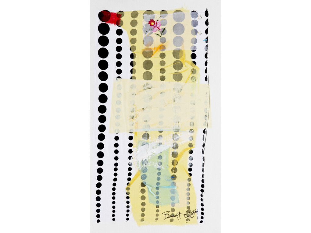 Rick Begneaud, Manuscript, 2009, Collage and acrylic on canvas, mounted to panel, Framed: 40 x 23 x 3.5 inches; 101.6 x 58.4 x 8.9 cm. Signed lower right, Signed, titled, dated on verso. Courtesy Woodward Gallery, NYC