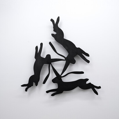 Maggie Dunlap,
The Three Hares, 2024,
steel,
34 x 34 x 2 in.,
86.36 x 86.36 x 5.08 cm. Courtesy of the artist and No Gallery