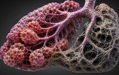 Das erste Medikament, das vollständig durch generative künstliche Intelligenz entdeckt und entwickelt wurde, zielt auf die idiopathische Lungenfibrose ab und hat erfolgreich den Sprung in multiregionale klinische Phase-2-Studien geschafft. Bild: Stark vergrößerter Ausschnitt des Lungengewebes. Die rechte Bildhälfte zeigt die für die idiopathische Lungenfibrose (IPF) charakteristischen fibrotischen Umbauprozesse mit ausgeprägter Vernarbung und Zerstörung der Alveolarstruktur