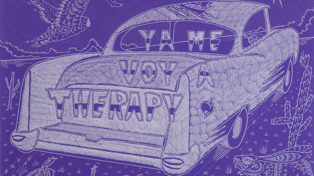Ricky Armendariz, Ya me voy a therapy, 2015, wood block print, 36 x 48"