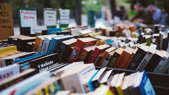 Libros separados por categoría e idioma, en una feria de lectura al aire libre
