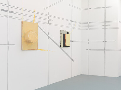 Left: No Title, 2013 John Wallbank Acrylic, paper, PVA, plywood 53 x 77 x 26cm
Right: Secret Action Painting (7), 2016 Alaena Turner Acrylic on wood  60 x 60 x 10cm
