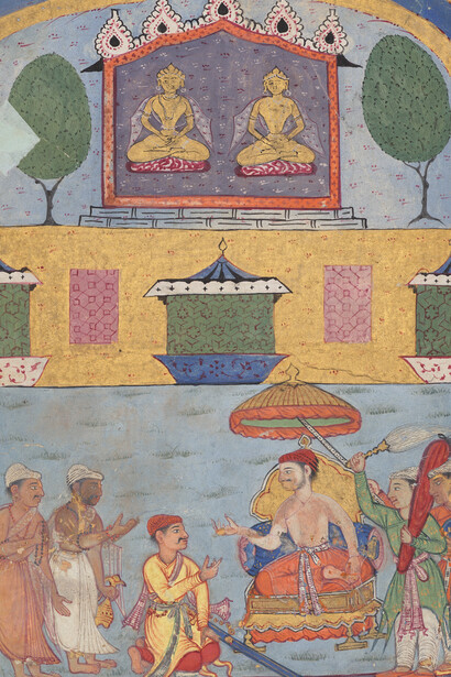 The goldsmith and the carpenter inform the king of a dream in which the golden images plan to desert the city for lack of worshippers, from a Tuti-nama (Tales of a Parrot): Third night, c. 1560.  Courtesy of Cleveland Museum of Art