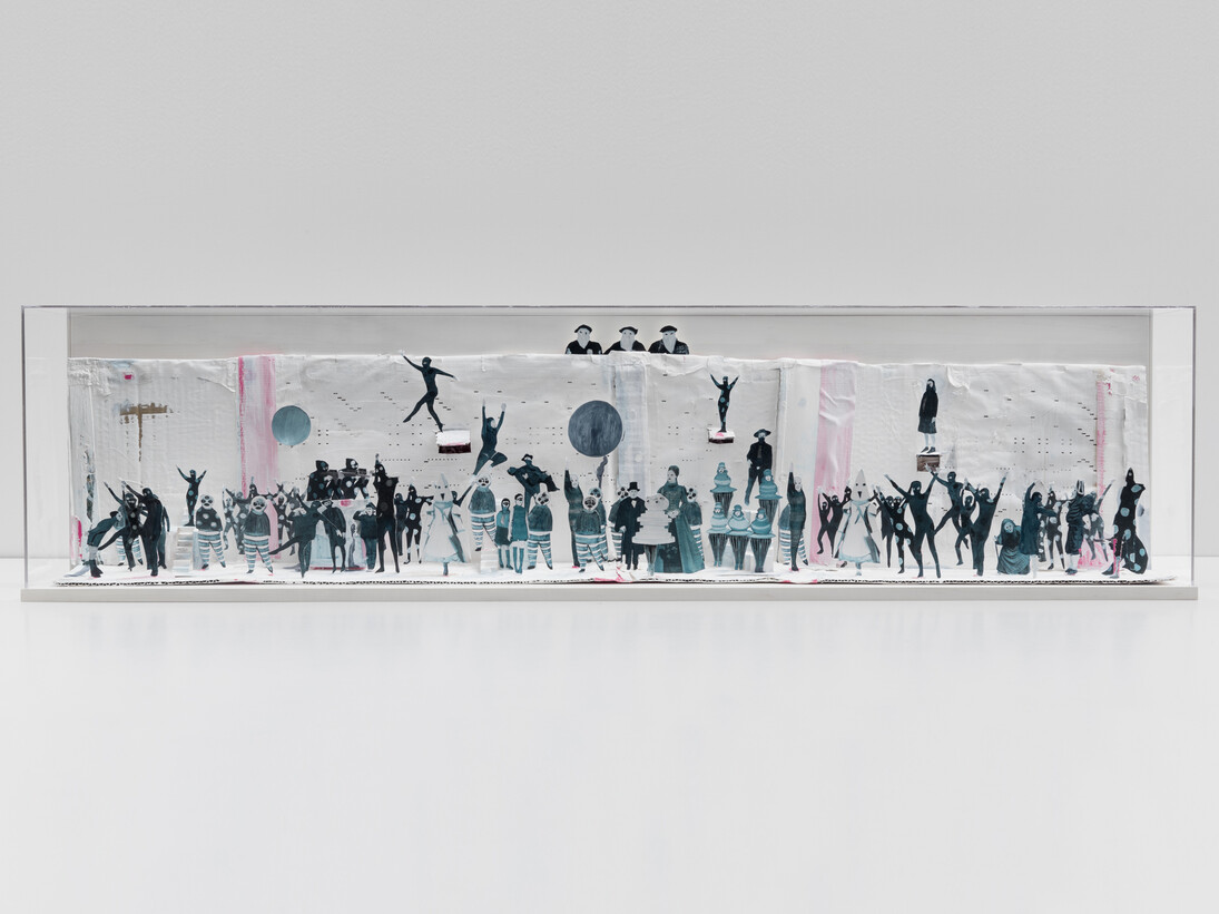 Marcel Dzama, The long blue line, 2013, Cardboard, tape, gouache, and graphite, Diorama: 14 x 56 1/8 x 7 inches (35.6 x 142.6 x 17.8 cm), Cardboard: 12 1/2 x 54 x 5 inches (31.8 x 137.2 x 12.7 cm). Courtesy David Zwirner, New York/London