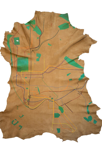 Land Swipe, 2019
acrylic on deer hide
36 x 60 inches (91.4 x 152.4 cm)
Courtesy the artist and Peter Blum Gallery, New York
                                                