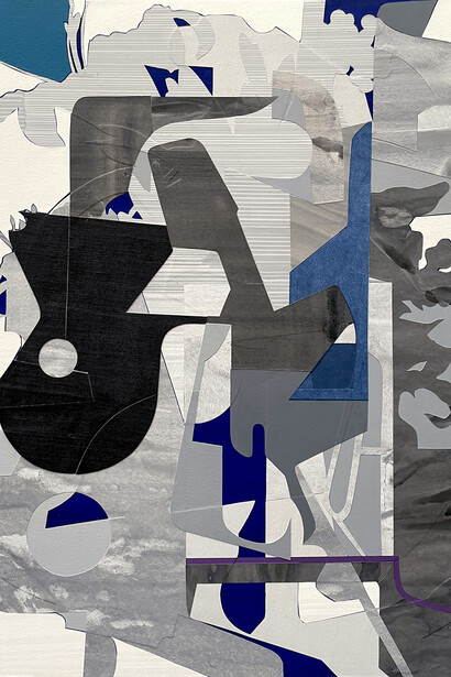 Aaron Wexler, Assembled Island 2, 2022, Paint, painted paper and painted linen on wood panel, 24 x 18 inches