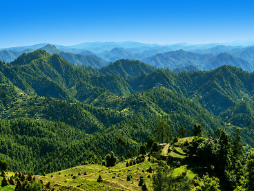 Panoramic mountain landscapes in the Kumaon region near Almora, Uttarakhand, India