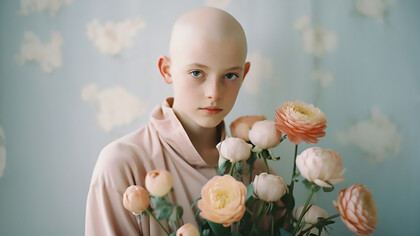 A touching image capturing a young cancer patient holding flowers