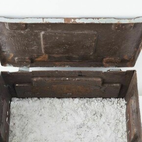 Peter Matthews, The Invisible Made Visible (2013); salt from the Atlantic and Pacific Ocean and steel box. Length 46x28x26cm